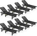 SERWALL Outdoor Chaise Lounge Set of 8, HDPE Pool Lounge Chairs with 5-Position Adjustable Backrest, Patio Loungers with Rolling Wheels & Cup Holder for Pool Sunbathing, Black