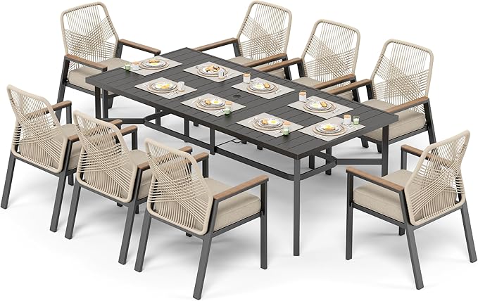 9 Pieces Patio Dining Set, 8 x Woven Rattan Chairs with Waterproof Cushion, 83" Rectangular Metal Dining Table with Umbrella Hole, Outdoor Table and Chairs Set for Backyard Lawn and Deck, Beige