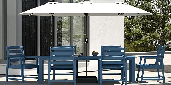 5-Piece Navy Blue Outdoor Dining Set with White 11FT Large Patio Umbrella, 75.2'' HDPE Table & Chairs for 8, Weather-Resistant Furniture with Umbrella Hole for Patio, Lawn, Poolside