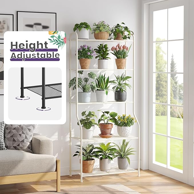 5-Tier Corner Plant Stand, Metal Black Flower Pot Rack, Indoor Outdoor Heavy Duty Shelf (Cream, 5 Tier)