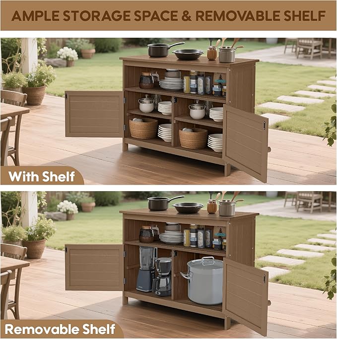 HIPS All-Weather Outdoor Storage Cabinet,Outdoor Sideboard with Magnetic Doors,3-Shelves Patio Storage Cabinet, Used for Garden,Buffet Cabinet,TV Stand, Bar Table,Balcony