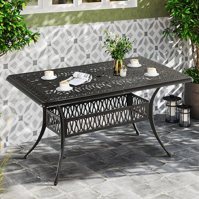 DWVO Cast Aluminum Outdoor Dining Table, 59'' Patio Table w/Max Bearing 220 LBS, Patio Dining Table with 2" Umbrella Hole and Adjustable Foot Pads for Garden, Backyard, Deck and Patio, Bronze