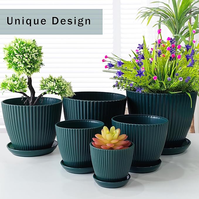 7.5/6.5/5.5/4.9/4.2/3.5 Inch Plant Pots with Saucers & Drain Holes - Indoor/Outdoor Flower Pots for Succulents, Herbs, Cactus - Modern Lightweight Durable Planter Set, Dark Green