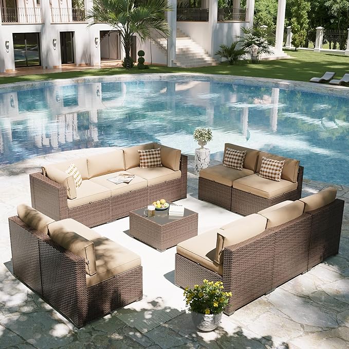 Aoxun Patio Furniture Set, 11 Piece Outdoor Sectional Sofas with Waterprool Cover, 10 Seats Wicker Rattan Outdoor Furniture Patio Conversation Set for Backyard, Garden (Brown Rattan Begin Cushions)