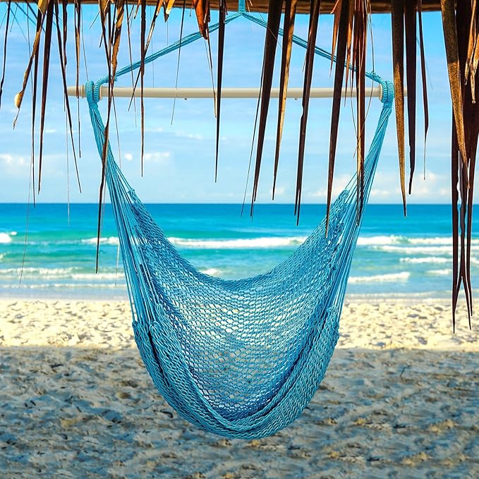 Barydat 2 Pcs Hanging Hammock Chair Boho Swing Chair Indoor Outdoor Cotton Rope Weaving Chair with 40 Inch Detachable Metal Bars for Backyard Living Room Bedroom Garden (Blue)