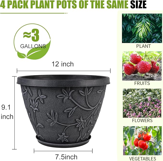 4 Pack 12 Inch Large Flower Pots for Outdoor Indoor, Plastic Plant Pots with Drainage Hole & Saucer, Modern Decorative Garden Pot, Imitation Magnolia Pots for Garden House Planters（Gray）