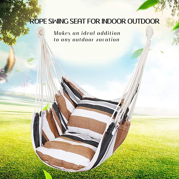 Hommtina Hammock Chair Hanging Rope Swing, Max 300 Lbs Hanging Chair with Pocket & Durability Perfect for Outdoor, Home, Bedroom, Patio, Yard (Pillows NOT Included,Khaki)