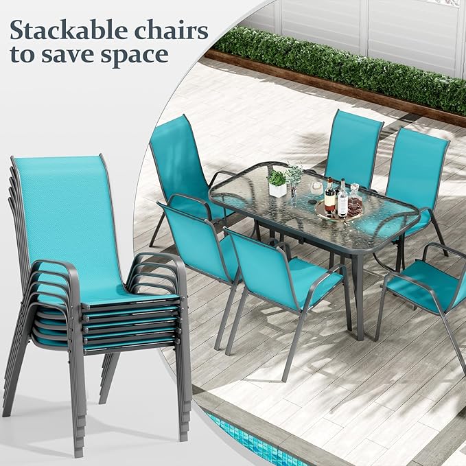 TLSUNNY 7 Pieces Patio Dining Set, Outdoor Table and Chairs W/1.69″ Umbrella Hole, 30"X 55" Table and Stackable Textilene Chair, All Weather Patio Furniture Set (Umbrella not Included)