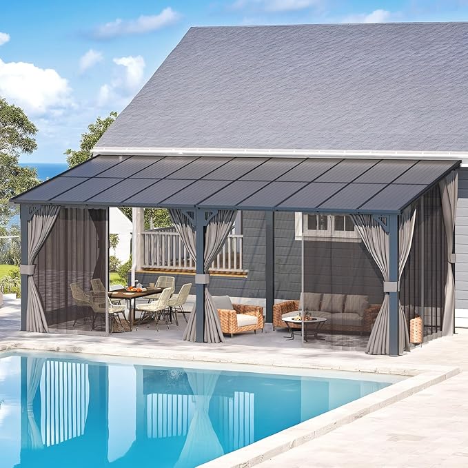 AECOJOY 20' x 8' Outdoor Gazebo Pergola with Curtains and Netting, 8'x20' Large Wall-Mounted Hardtop Lean to Gazebo Shelter Pergolas and Gazebos Clearance with Patio Roof, Heavy Duty Metal Awnings