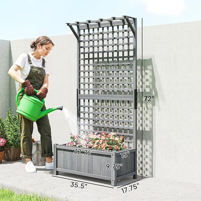 Outsunny Wood Planter with Trellis, Raised Garden Bed for Climbing Plants w/Drainage Holes and Roof, 35.5" x 17.75" x 72", Dark Gray