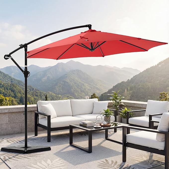 OLIXIS Offset Patio Umbrella, 9.7FT Cantilever Table Umbrellas for Outdoor Sun Shade UV Protection with Easy Tilt Adjustment, 8 Ribs for Backyard, Lawn, Garden, Pool - Red
