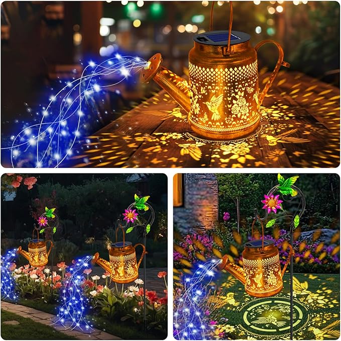 Solar Lanterns Outdoor Waterproof, Hummingbird Watering Can Garden Decor, Hanging Solar Path Lights Yard Art, Outside Patio Decoration Gardening Christmas Gift for Mom Grandma Women with Shepherd Hook