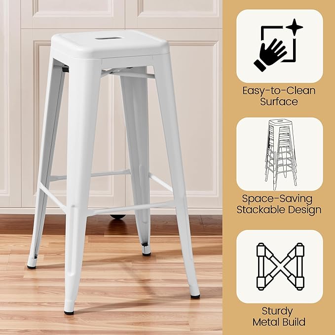 Yaheetech 30 Inch Metal Bar Stools Set of 4, Bar Height Backless Bartools, Industrial Stackable Bar Chairs with Footrest for Kitchen/Dining Room/Bistro/Patio, White