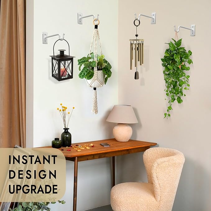 RTZEN Plant Hangers Indoor or Outdoor - Wrought Iron Metal Hanger Indoor Hook - Heavy Duty Wall Bracket Hooks for Hanging Plants Baskets Lanterns Wind Chimes - 2 Pack (White Shepherds Hooks 7.5")