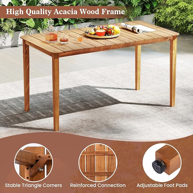 Tangkula 54" Acacia Wood Patio Dining Table for 6, Rectangular 4-6 People Patio Table with Slatted Tabletop, Indoor Outdoor Farmhouse Dining Table for Yard, Garden, Poolside, Deck