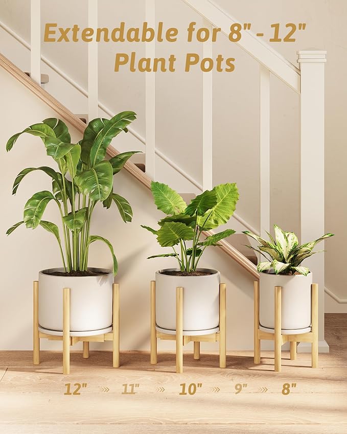 Adjustable Plant Stand Indoor, Bamboo Plant Stand Fits 8 9 10 11 12 Inches, Small Corner Planter Holder for Indoor Plants, Single Floor Plant Stands for Living Room Balcony, Natural