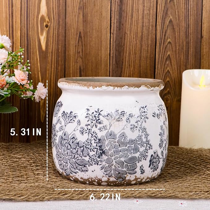 Flower Pot,Vintage Gray Ceramic Pot for Planter with Drainage Holes, 6.29 inch Ice Crack Glazed Small Rustic Planters Pot for Indoor,Tucan Home Decor,Gardening Gifts