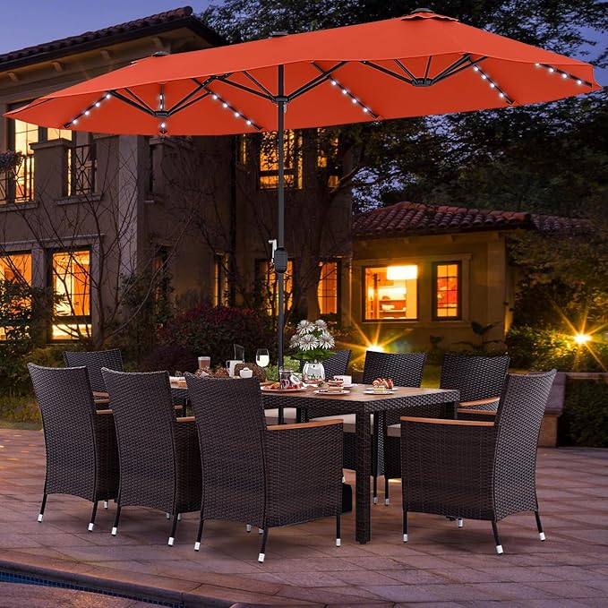 Tangkula 11 Pieces Rattan Outdoor Dining Set with 15Ft Solar Patio Umbrella for 8, Outdoor Wicker Table Set with 8 Cushioned Chairs, Acacia Wood Top, Outdoor Umbrella with Base Included