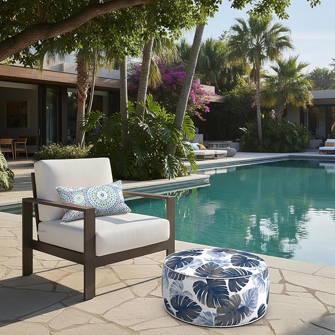 LVTXIII Indoor/Outdoor Inflatable Ottoman with Handle D21 x H9 Inch, Weather-Resistant Round Footstool Pouf for Patio Camping Living Room, Portable Footrest Extra Seating, Big Leaves