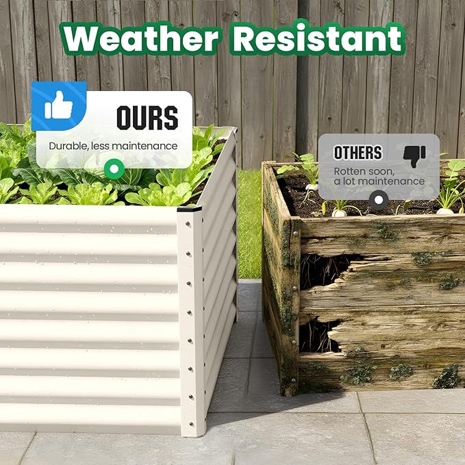 Quictent Galvanized Raised Garden Bed Metal Planter Box Bottomless for Backyard Outdoor, Include 1 pc Tomato Cage, Beige, 6x3x2 Ft