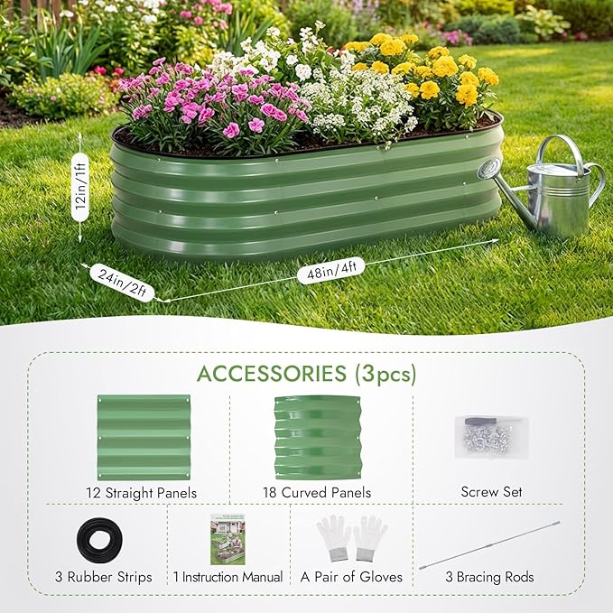 INNO STAGE 3Pcs Galvanized Raised Garden Bed Kit, Outdoor Metal Raised Garden Beds for Vegetables, Rust-Resistant & Easy Assembly, 4x2x1ft Oval Raised beds for Gardening, Flowers, Herbs (Olivergreen)