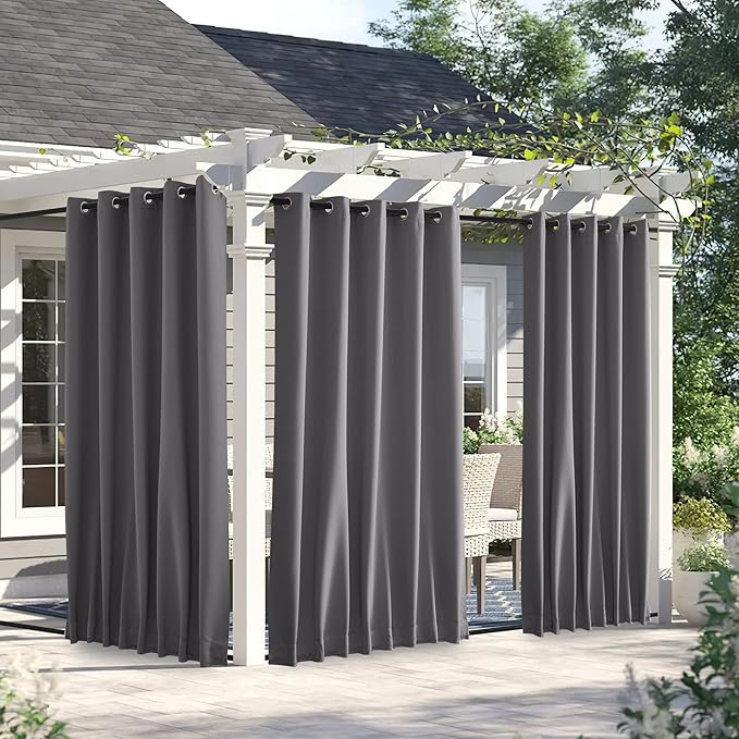 NICETOWN 2 Panels Weighted Blackout Curtains for Patio Waterproof, Top & Bottom Grommet & Back Tab Fixed Outdoor Curtains Windproof Drapes Thermal Insulated for Porch, W66 x L84, Grey