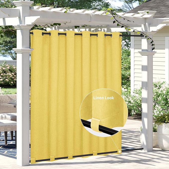 Easy-Going Linen Look Outdoor Curtains Waterproof Windproof Porch Curtains, Soft Thicken Outdoor Privacy Curtains for Patio, Gazebo, Grommet Top and Tab Bottom Drape, 1 Panel, 110x96 inch, Yellow