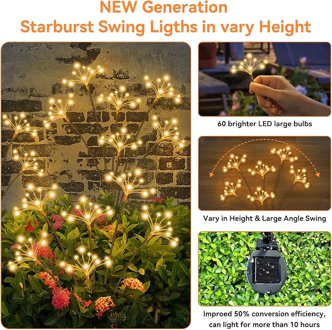 JJGoo Solar Garden Lights, New Upgraded 2 Pack Solar Swaying Starburst Light, Waterproof Fireworks Outdoor Lights, Yard Patio Pathway Decoration, Warm White