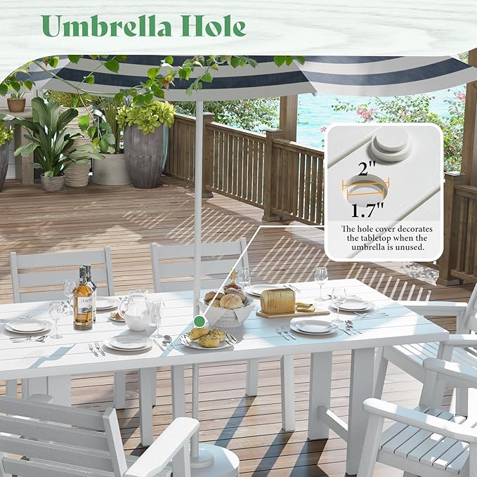 AMERLIFE 7-Piece HDPE Outdoor Dining Set with Umbrella Hole, 71" L Patio Table and Chairs Set for 6, Modern Garden Dining Set for Backyard, Poolside, Seaside, Porch, White