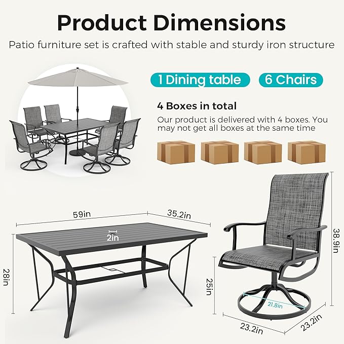 Pamapic 7-Piece Patio Dining Furniture Set with Swivel Chairs, Outdoor Table & 6 Textilene Chairs for Garden, Backyard, Pool, Deck, Gray