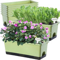 Window Box Planter 8 Pcs, 17 Inches Rectangle Flower Pots with Drainage Holes & Trays, Vegetable Planters for Windowsill Patio Garden Balcony Home Indoor Outdoor (Light Green, 16 * 7 * 6 inch)