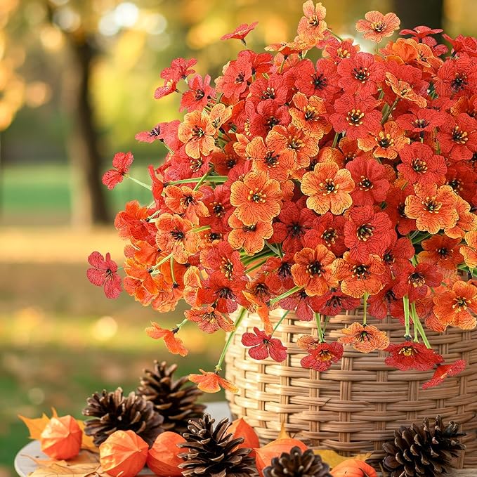 MACTING Artificial Fall Flowers for Outdoors 12 Bundles Faux Mums Outdoor Plants UV Resistant Fake Silk Flowers for Planters Garden Porch Patio Indoor Outside Autumn Thanksgiving Decor,Orange & Red