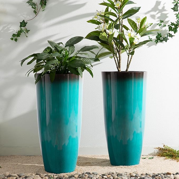 Glitzhome 30" H Tall Outdoor Planter, Set of 2 Large Tall Planters with Gradient Turquoise Faux Ceramic Finish, Plastic Large Flower Pots for Porch Garden Indoor All Season Decor,with Drainage Holes