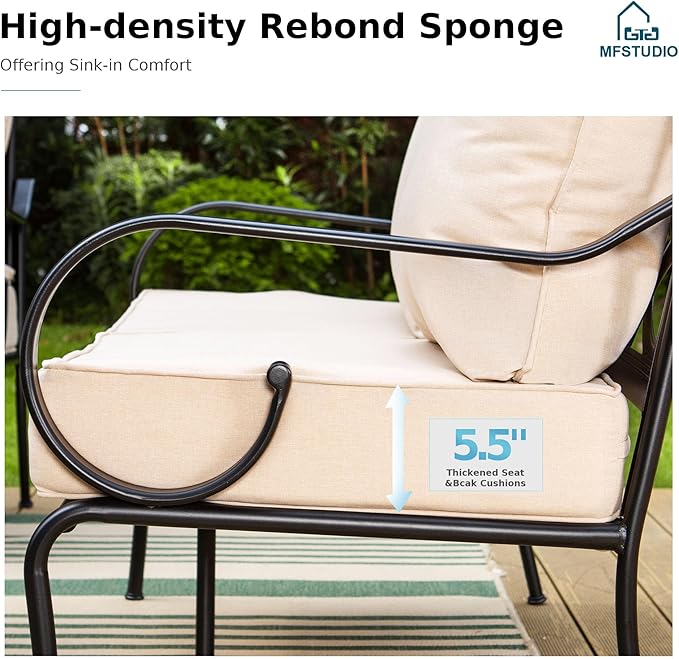 MFSTUDIO 7 Seats Metal Patio Furniture Sets, 6 Pieces Outdoor Sectional Sofa Conversation Set with 2 x Motion Chairs, 2 x Fixed Chairs, 1 x 3-seat Sofa and 1 x 45 inches Rectangular Fire Pit Table