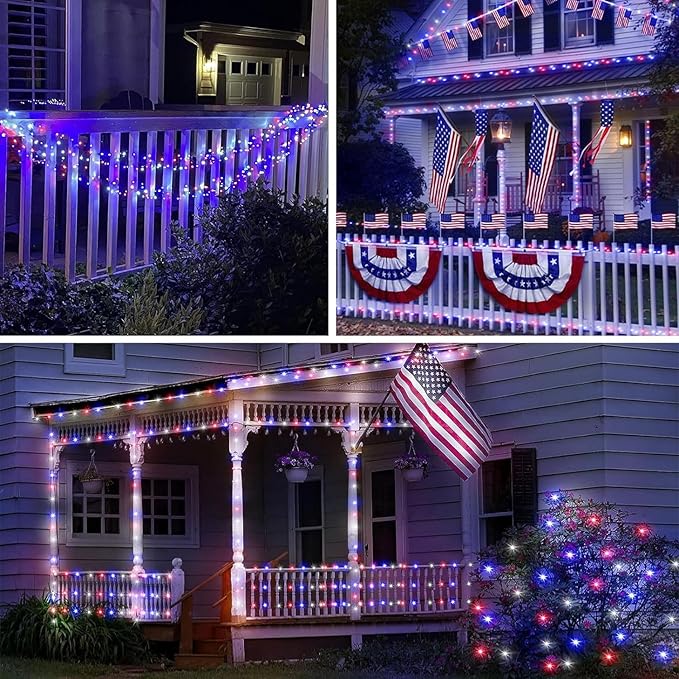 66Ft 200 LED Red White and Blue Fairy Lights Plug in, July 4th Waterproof String Lights 8 Modes with Timer for Indoor and Outdoor, American Flag Twinkle Lights for Independence Day, National Day