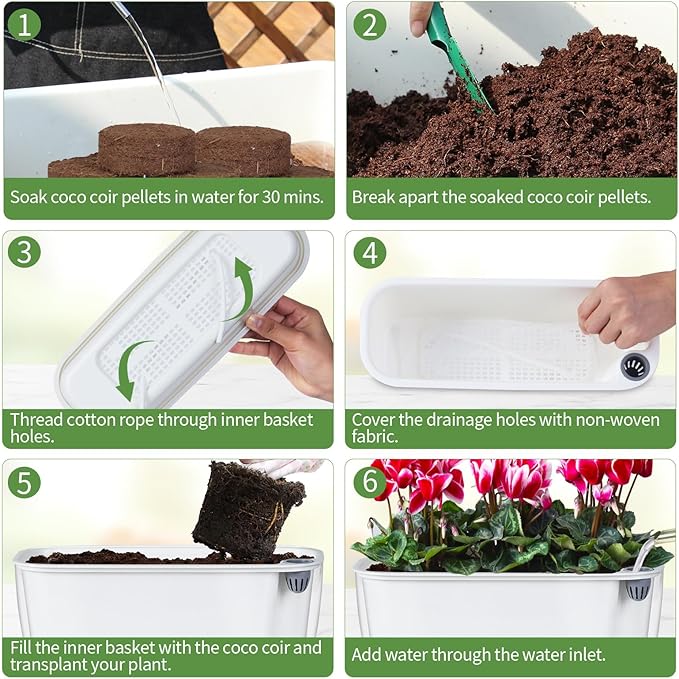 Self Watering Planter with Coco Coir Pellets, 11.8 Inch Plastic Rectangular Windowsill Plant Pot with Drainage Holes, High Clear Modern Decorative Flower Pot for Indoor Plants, African Violets