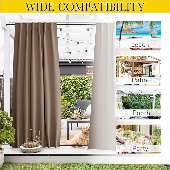 NICETOWN 2 Panels Waterproof Outdoor Curtains Fixed Pocket & Back Tab on Top & Bottom, Thermal Insulated Keep Rain & Sun Out Blackout Windproof Outdoor Drapes with Rope, W52 x L108, Tan-Khaki