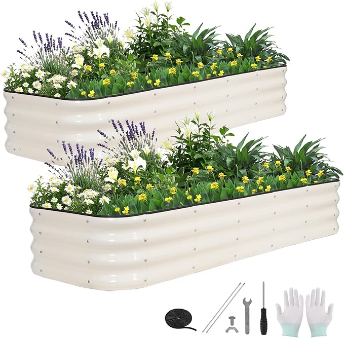 4 in 1 Galvanized Raised Garden Bed - 6x2x1ft (2Packs) Modular Planter Box Outdoor | Metal Raised Bed Kit with Bracing Rods for Gardening Vegetables Flowers Fruits Herbs (White)