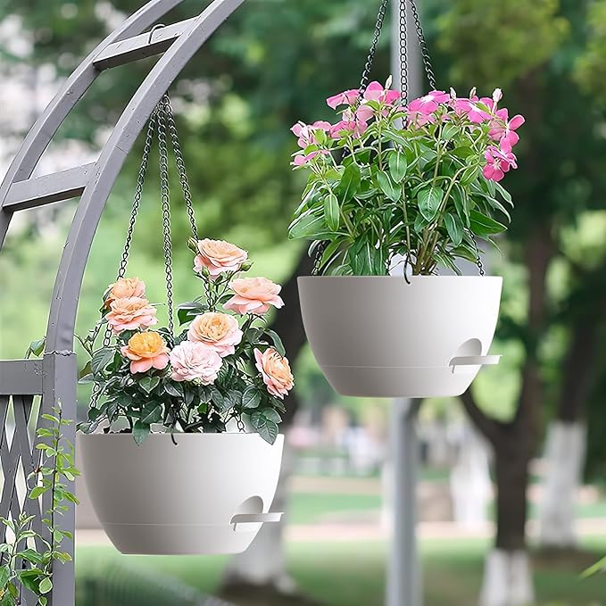 Set of 3-10 Inch Self Watering Hanging Planters for Indoor Outdoor，Hanging Plant Pots with Drainage & Removable Tray, Hanging Pots for Pothos Plant, Spider Plants, Ferns, Balcony & Patio, White