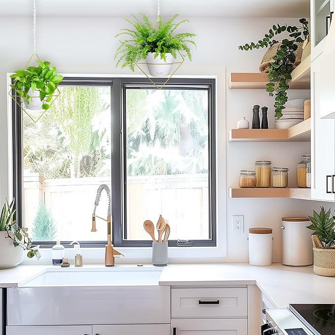 Hanging Planters for Indoor Plants, 2 Set Self Watering Hanging Flower Pots, Modern Hanging Plant Baskets with Metal Plant Holder & 6.5 Inch Plastic Pots for Garden Home Decor (Gold Frame White Pot)