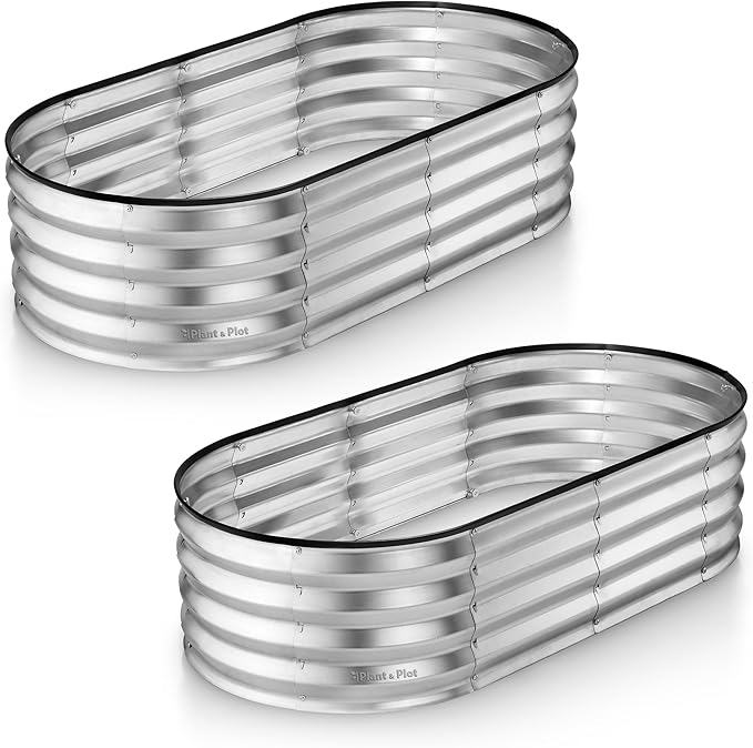 Plant & Plot Galvanized Raised Garden Beds Outdoor // 4×2×1 ft (2-Pack) Planter Raised Beds for Gardening, Vegetables, Flowers // Large Metal Garden Box (Silver) // Patented Tool-Free Design