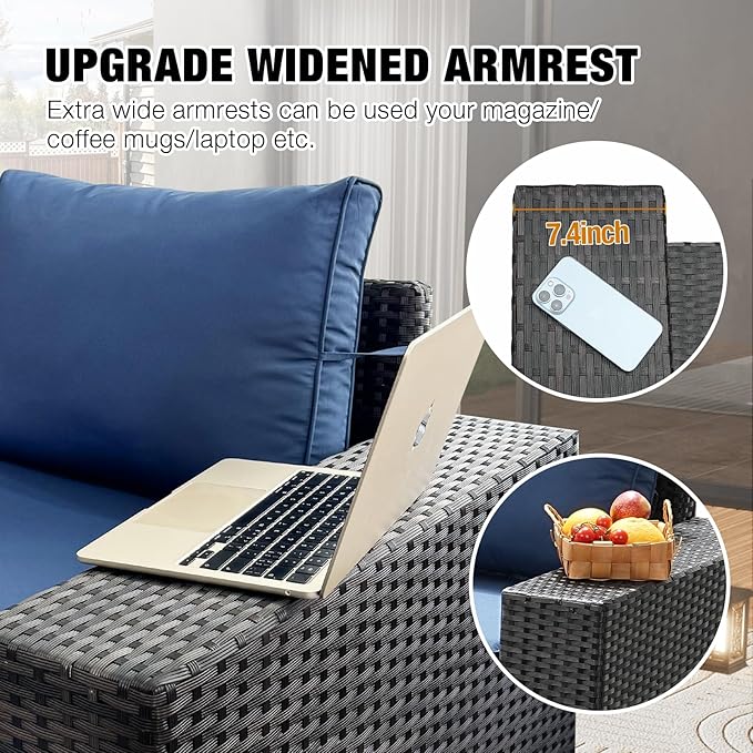 10 Pieces Patio Furniture Set All-Weather Outdoor Wicker Sectional Conversation Sofa Rattan Patio Seating Sofa with Cushion and Glass Table for Porch Poolside,Navy
