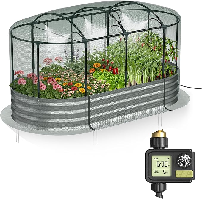Raised Garden Bed with Sprinkler Timer and Self-Watering System, 6x3x1 ft Elevated Planter Boxes Outdoor with Mesh Cover, Galvanized Raised Beds for,Vegetables,Flowers, Backyard, Patio