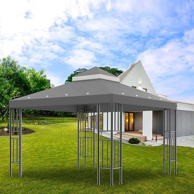 Sumfaller 10x10 FT Gazebo Replacement Canopy Top Cover Double Tiered Canopy Top Cover for Outdoor BBQ Roof Cover Grill Shelter (Grey)