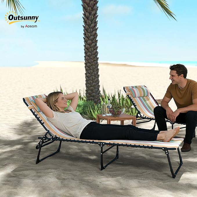 Outsunny Folding Chaise Lounge Chair, Patio Sun Tanning Chair, Outdoor Chaise Lounger with 4-Position Reclining Back, Breathable Mesh Seat for Beach, Poolside, Yard, Rainbow Striped