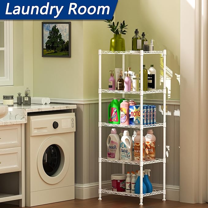 REGILLER 5-Wire Shelving Metal Storage Rack Adjustable Shelves,Standing Storage Shelf Units for Laundry Bathroom Kitchen Pantry Closet(White,11.8" D x 16.6" W x 53.5" H)
