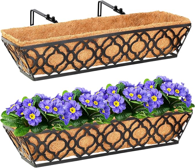 2pcs 24 Inch Window Deck with Coco Liner, 24" Window Boxes Horse Trough with Coconut Coir Liner, Metal Hanging Flower Planter Window Basket Deck Railing Planter Boxes for Outdoor Indoor Lawn
