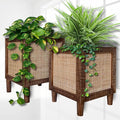 Autumn Alley Rustic Boho Large Indoor Planter - Rattan Planter Boxes Outdoor Set of 2 – Wooden Indoor or Outdoor Plant Box Stands – Decorative Square Woven Rattan Flower Pots for Home & Office