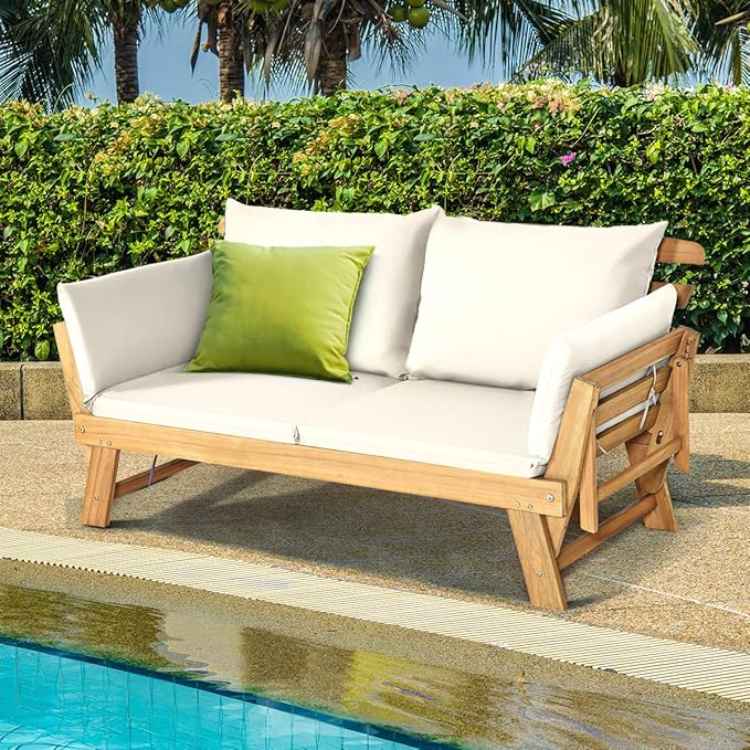 Tangkula Convertible Acacia Wood Patio Couch Sofa Bed with Adjustable Armrest, Outdoor Daybed with Cushion & Pillows, Outside Folding Futon Sofa Couch Bench for Porch, Courtyard, Poolside & Garden
