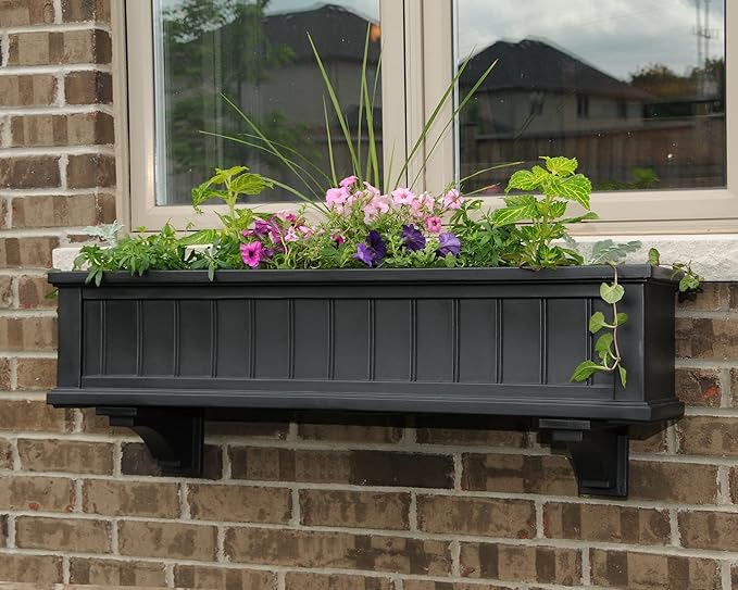Mayne Cape Cod 4ft Window Box - Black - 48in L x 11in W x 10.8in H - Polyethylene - Built-in Water Reservoir (4841-B)